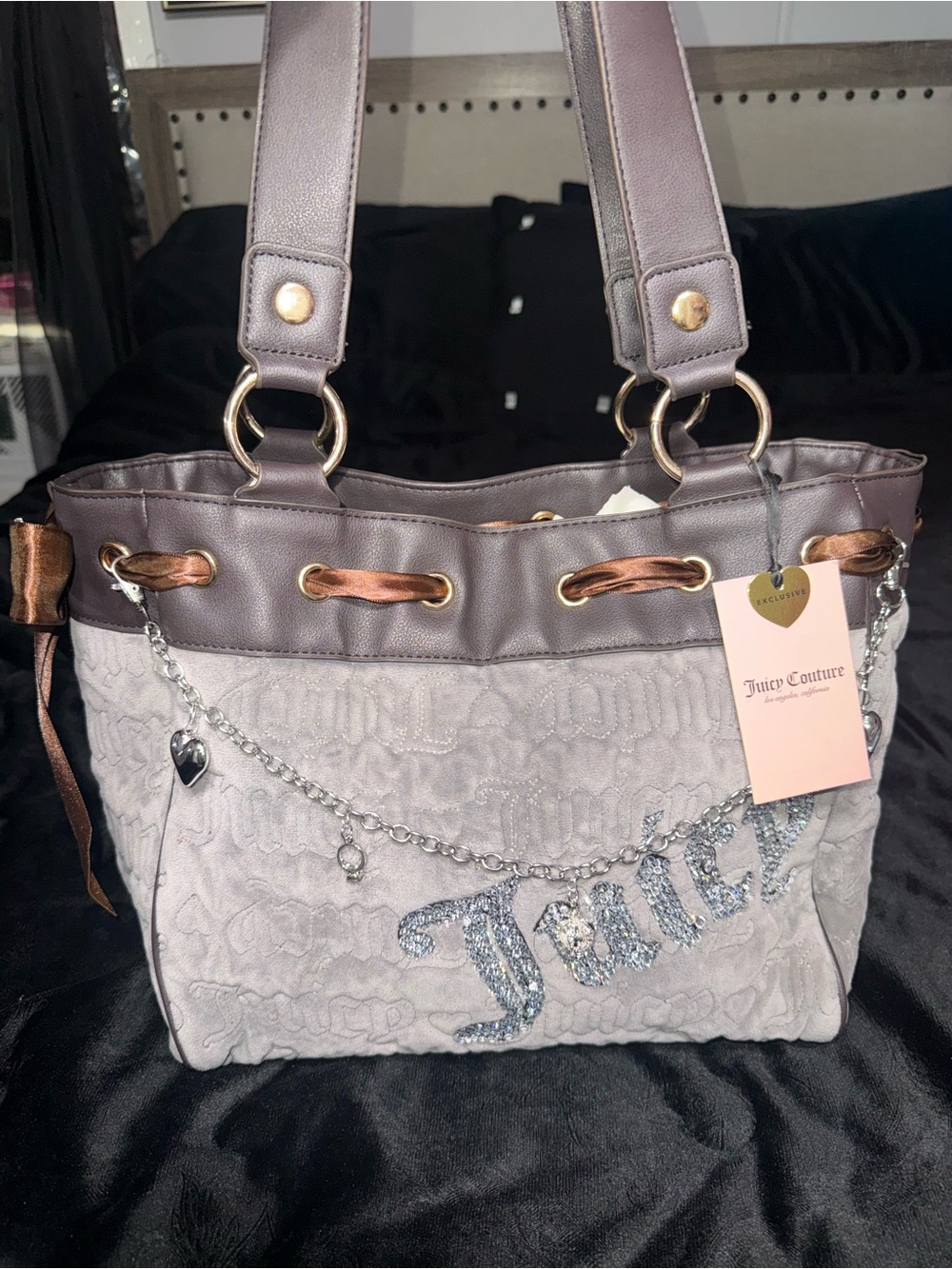 Juicy Couture Gray and Brown Shoulder Tote with Chain Accent